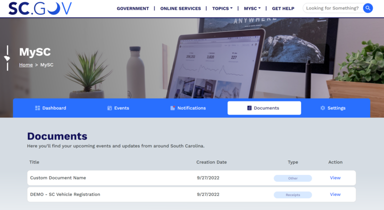 Screenshot of MySC Documents tab