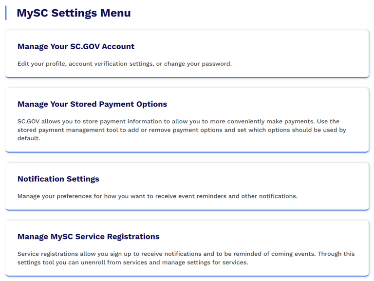 MySC Settings Menu screenshot